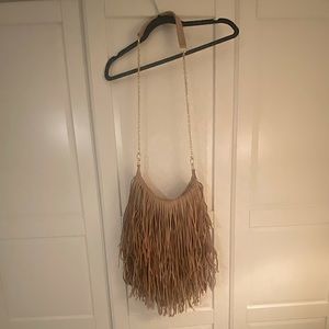 Monserat De Lucca Tan Leather Fringe Slouch Hobo Crossbody Bag Adjustable